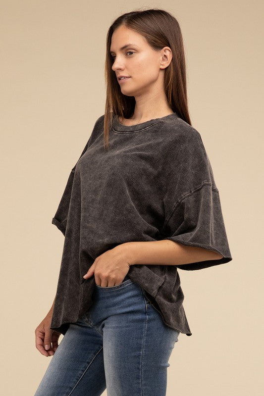 French Terry Washed Drop Shoulder Short Sleeve Top ASH BLACK by ZENANA | Fleurcouture