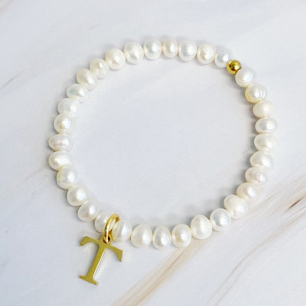 Freshwater Pearl Initial Charm Bracelet T OS by Ellison and Young | Fleurcouture