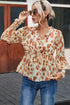 Frill Printed V-Neck Lantern Sleeve Blouse Tan S Tops by Trendsi | Fleurcouture