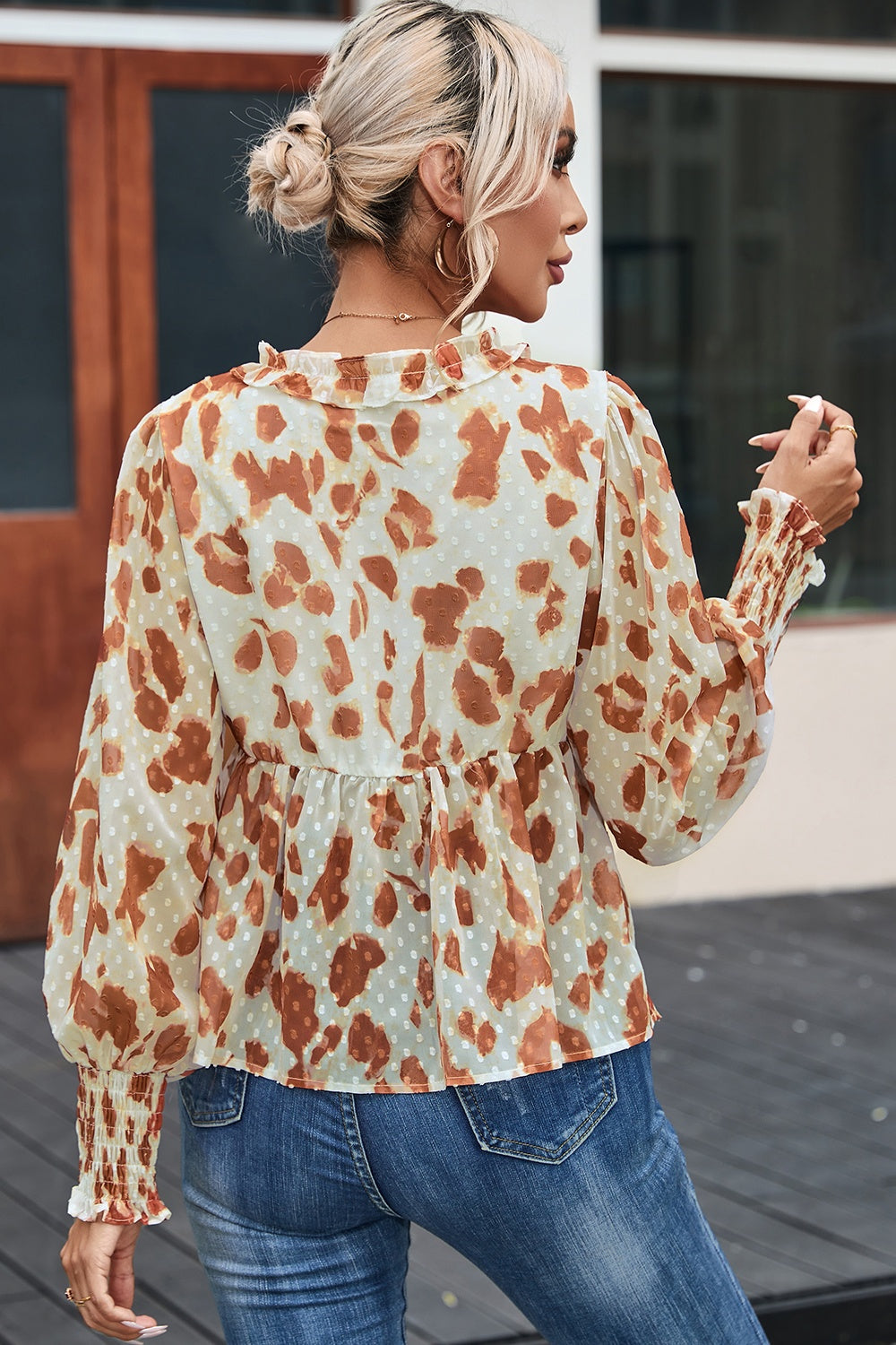 Frill Printed V-Neck Lantern Sleeve Blouse Tan Tops by Trendsi | Fleurcouture