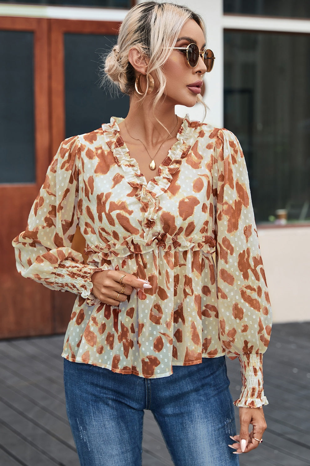 Frill Printed V-Neck Lantern Sleeve Blouse Tan Tops by Trendsi | Fleurcouture