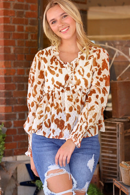 Frill Printed V-Neck Lantern Sleeve Blouse Tan Tops by Trendsi | Fleurcouture