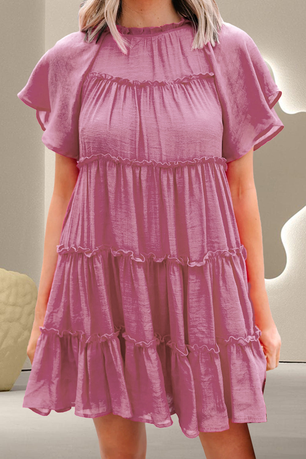 Frill Round Neck Short Sleeve Mini Dress Dusty Pink S Women&