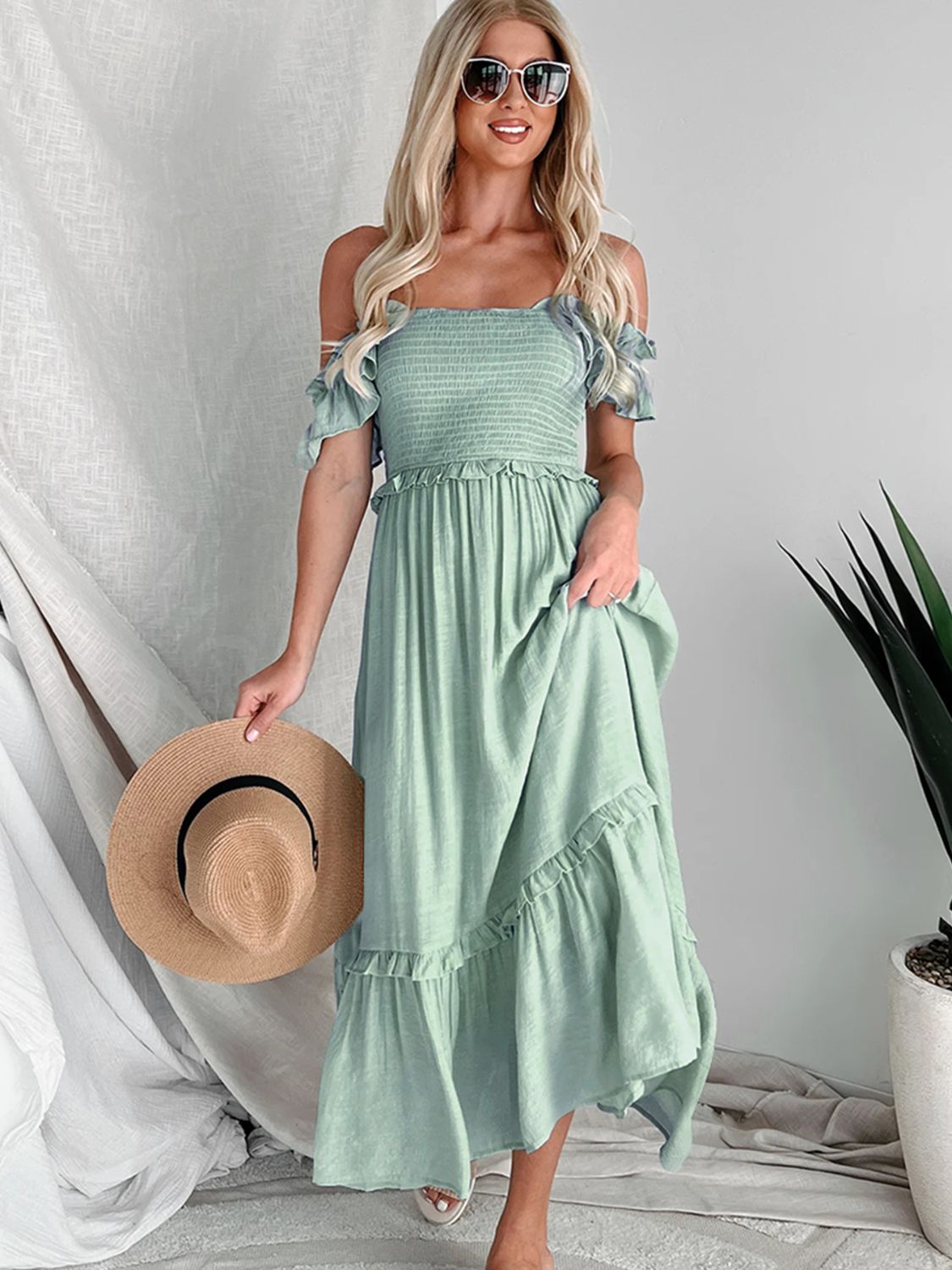 Frill Smocked Off-Shoulder Ruffle Sleeve Dress Gum Leaf Dresses by Trendsi | Fleurcouture