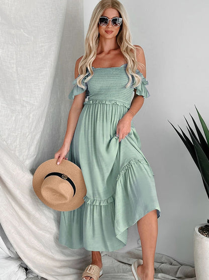 Frill Smocked Off-Shoulder Ruffle Sleeve Dress Gum Leaf Dresses by Trendsi | Fleurcouture