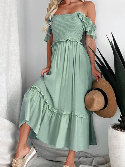 Frill Smocked Off-Shoulder Ruffle Sleeve Dress Gum Leaf S Dresses by Trendsi | Fleurcouture