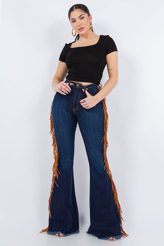 Fringe Bell Bottom in Dark Blue Dark Blue by GJG Denim | Fleurcouture