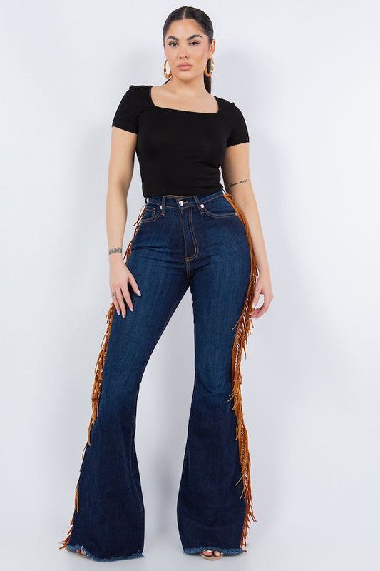 Fringe Bell Bottom in Dark Blue Dark Blue by GJG Denim | Fleurcouture