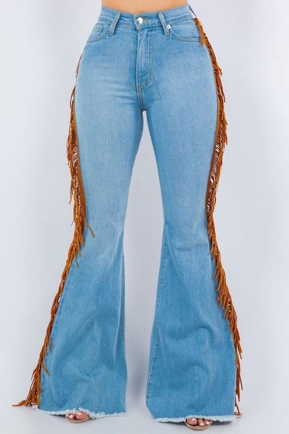 Fringe Bell Bottom in Light Blue Inseam 32&quot; Light Blue by GJG Denim | Fleurcouture