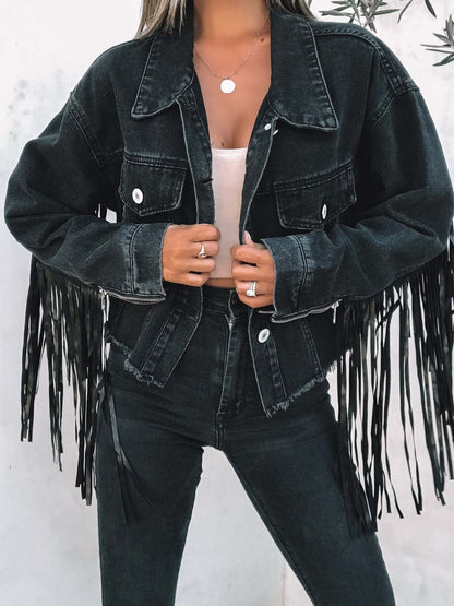 Fringe Button Up Long Sleeve Denim Jacket Black S Women&