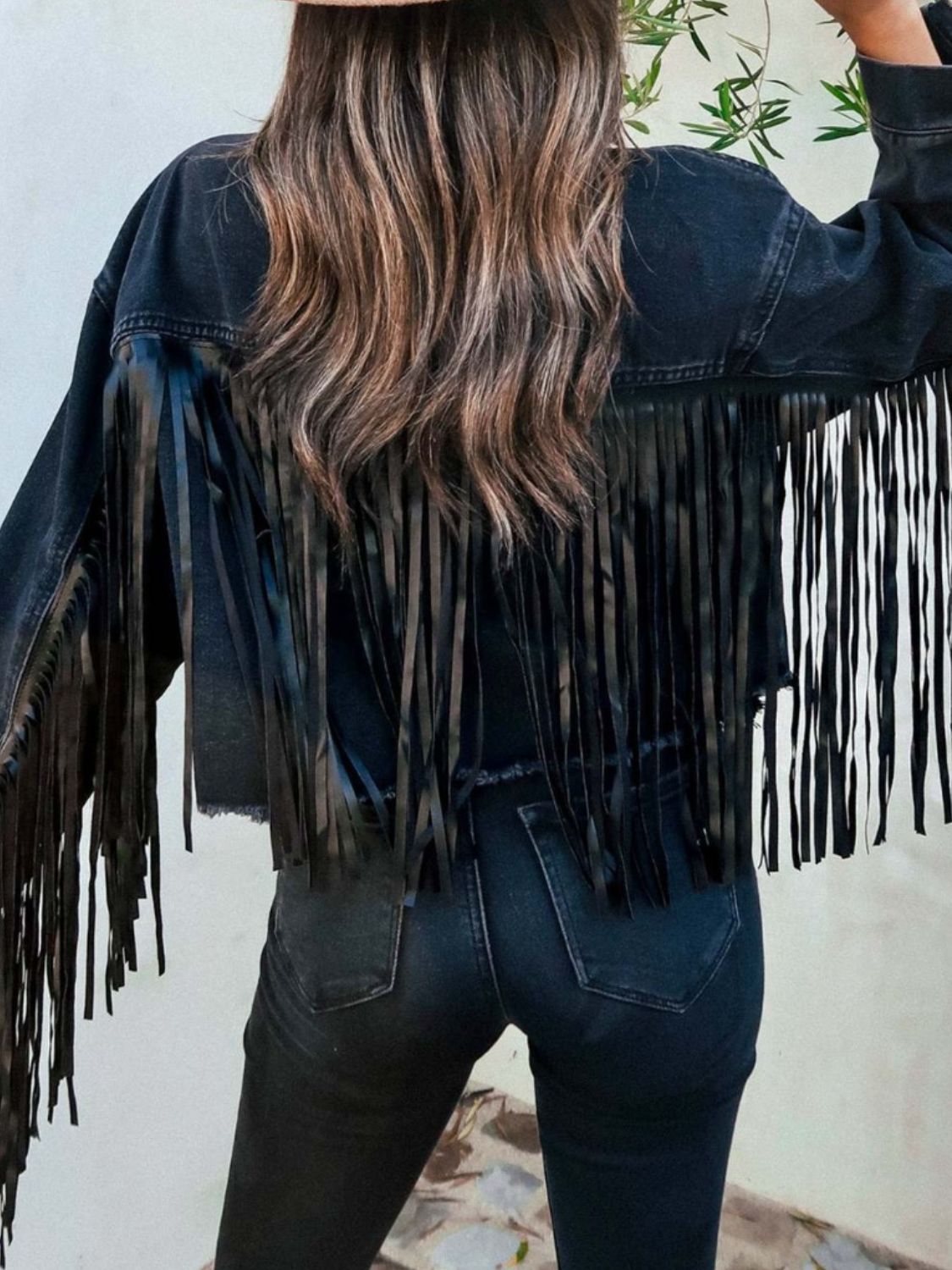 Fringe Button Up Long Sleeve Denim Jacket Black Women&