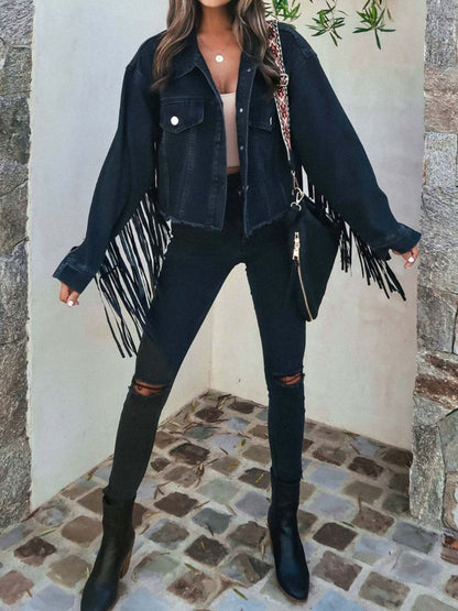 Fringe Button Up Long Sleeve Denim Jacket Black Women&