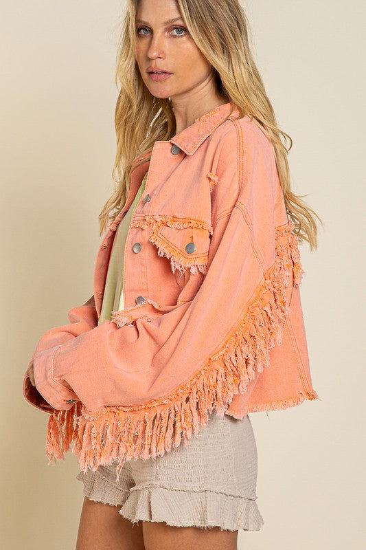 Fringe Distressed Crop Denim Jacket by POL | Fleurcouture