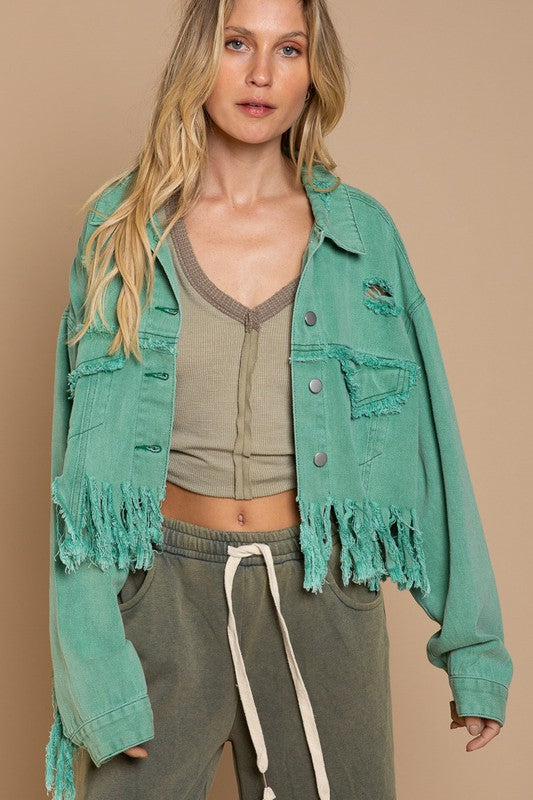 Fringe Distressed Crop Denim Jacket by POL | Fleurcouture