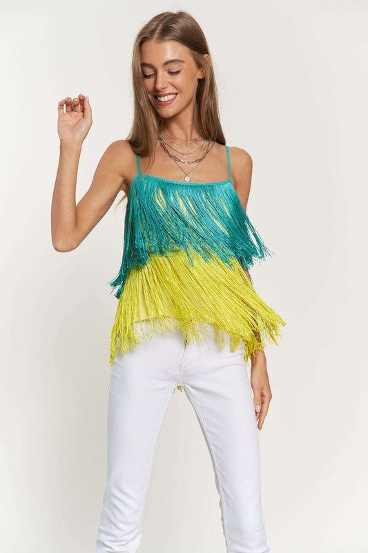 Fringe Overlay Cross Straps Party Cami Top Green Multi S by Davi &amp; Dani | Fleurcouture