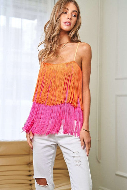 Fringe Overlay Cross Straps Party Cami Top NEON ORANGE MULTI S by Davi &amp; Dani | Fleurcouture