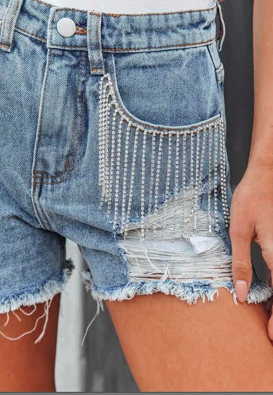 Fringe rhinestone distressed shorts Light Blue S by Miss Sparkling | Fleurcouture