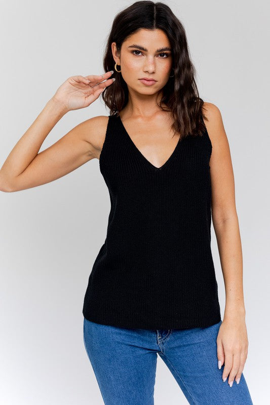 Front and Back Deep V-Neck Tank Top Black S by Gilli | Fleurcouture