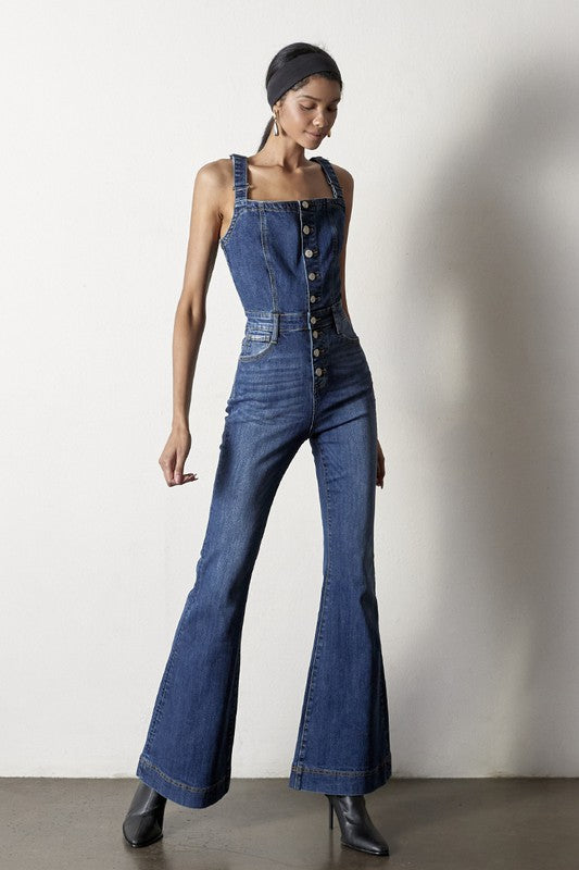 Front Buttons Flare Denim Overalls DARK by Denim Lab USA | Fleurcouture