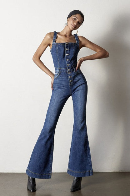 Front Buttons Flare Denim Overalls DARK by Denim Lab USA | Fleurcouture