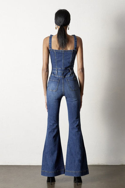 Front Buttons Flare Denim Overalls DARK by Denim Lab USA | Fleurcouture