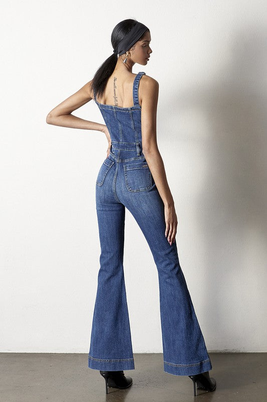 Front Buttons Flare Denim Overalls DARK by Denim Lab USA | Fleurcouture