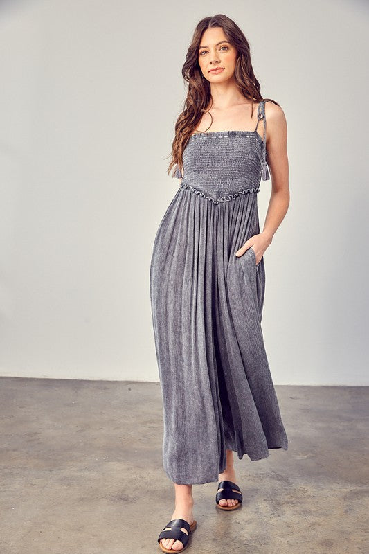 Front Chest V Line Smocked Jumpsuit CHARCOAL S by Mustard Seed | Fleurcouture