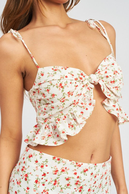 FRONT KNOT CROP TOP WITH RUFFLE DETAIL IVORY RED FLORAL by Emory Park | Fleurcouture