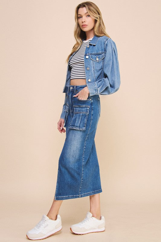 FRONT SLIT CARGO SKIRT DENIM BLUE by Denim Lab USA | Fleurcouture