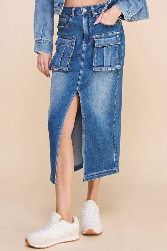 FRONT SLIT CARGO SKIRT DENIM BLUE by Denim Lab USA | Fleurcouture