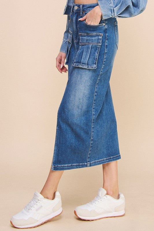 FRONT SLIT CARGO SKIRT DENIM BLUE by Denim Lab USA | Fleurcouture