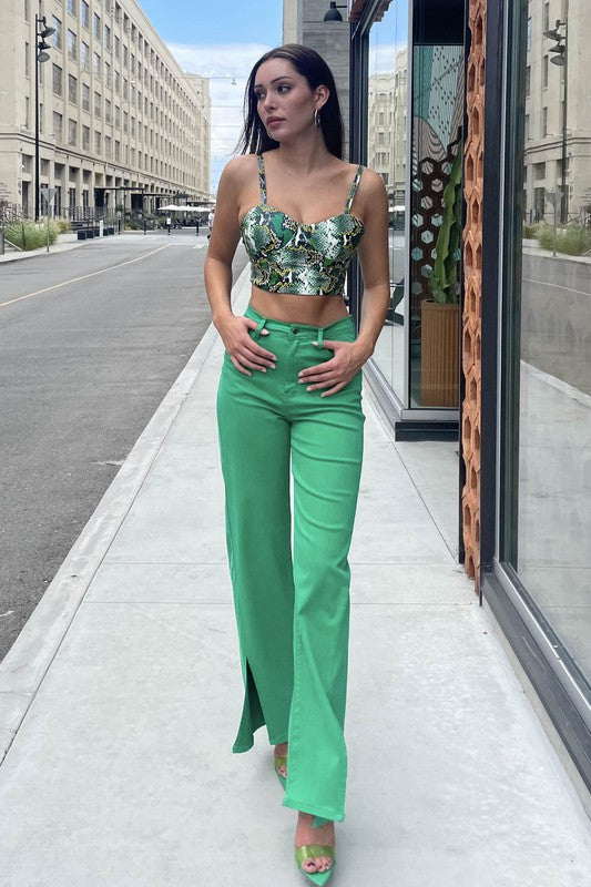 Front Slit Wide Leg Tencel Pants GREEN 1 by Vibrant M.i.U | Fleurcouture