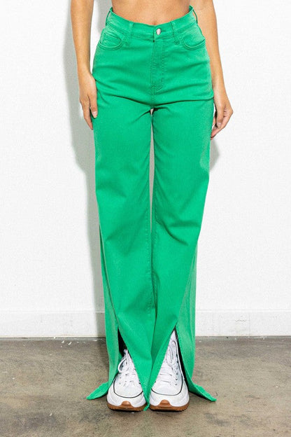 Front Slit Wide Leg Tencel Pants GREEN by Vibrant M.i.U | Fleurcouture