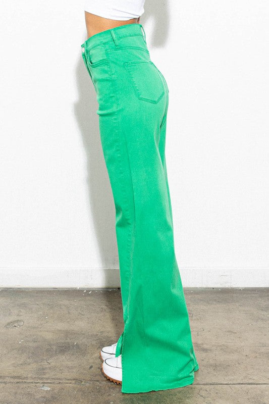 Front Slit Wide Leg Tencel Pants GREEN by Vibrant M.i.U | Fleurcouture