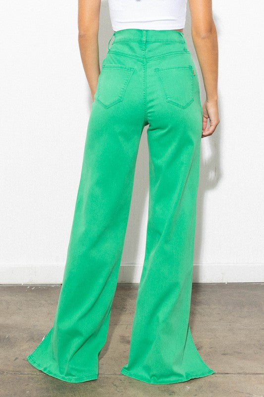 Front Slit Wide Leg Tencel Pants GREEN by Vibrant M.i.U | Fleurcouture