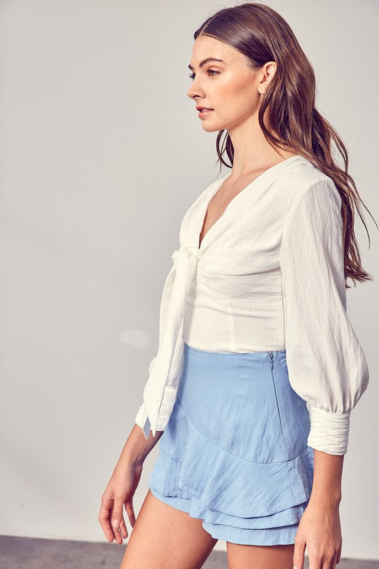 Front Tie Long Sleeve Top WHITE by Do + Be Collection | Fleurcouture