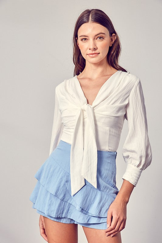 Front Tie Long Sleeve Top WHITE S by Do + Be Collection | Fleurcouture