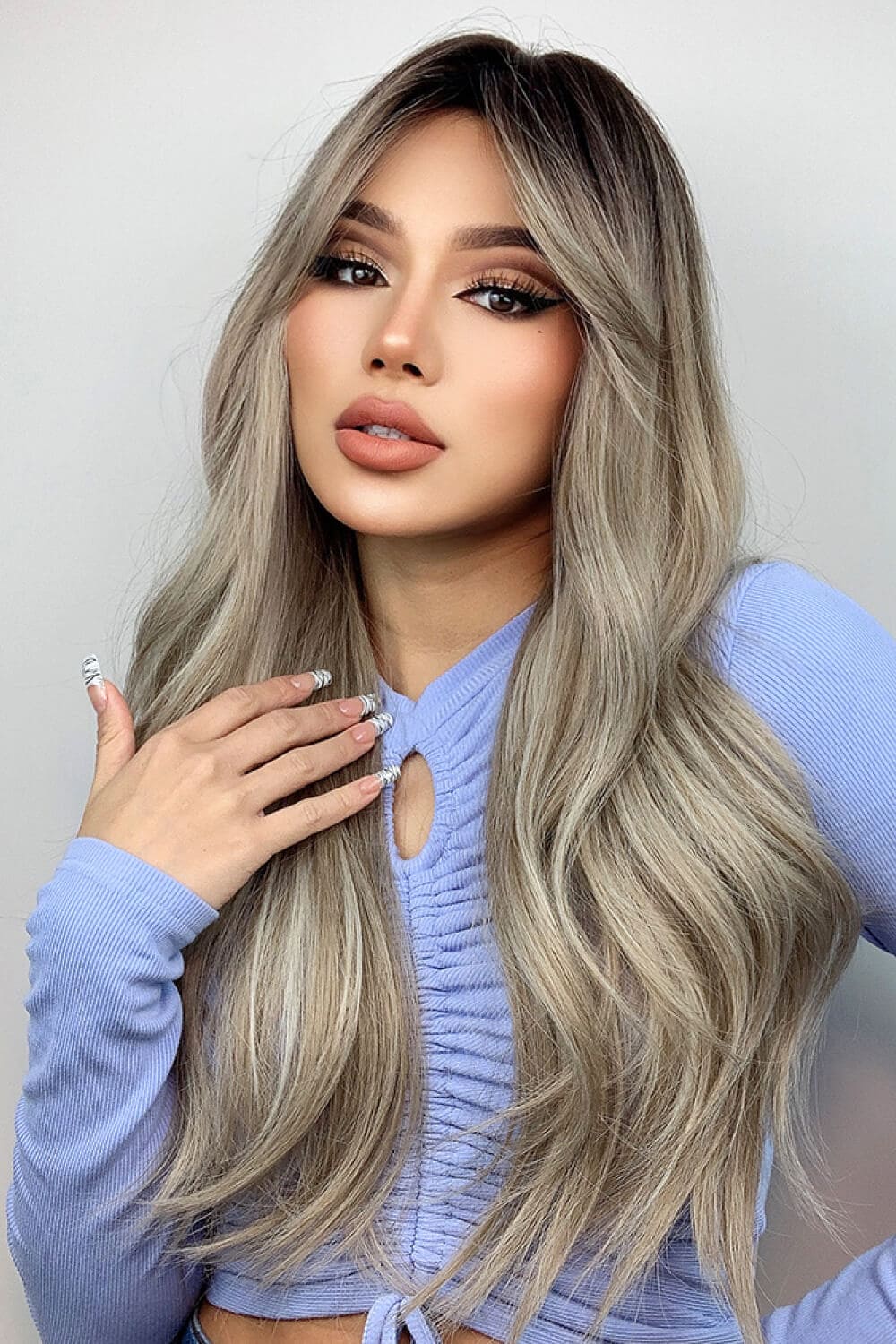 Full Machine Long Wave Wigs 26'' Ash Blonde Balayage One Size wigs by Trendsi | Fleurcouture