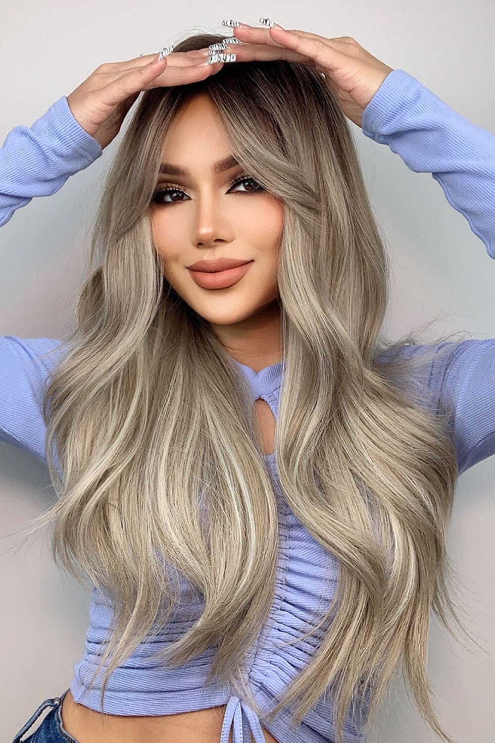 Full Machine Long Wave Wigs 26'' Ash Blonde Balayage One Size wigs by Trendsi | Fleurcouture