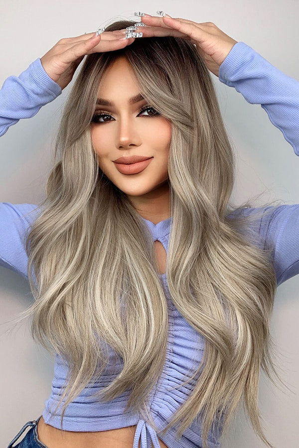 Full Machine Long Wave Wigs 26'' Ash Blonde Balayage One Size wigs by Trendsi | Fleurcouture