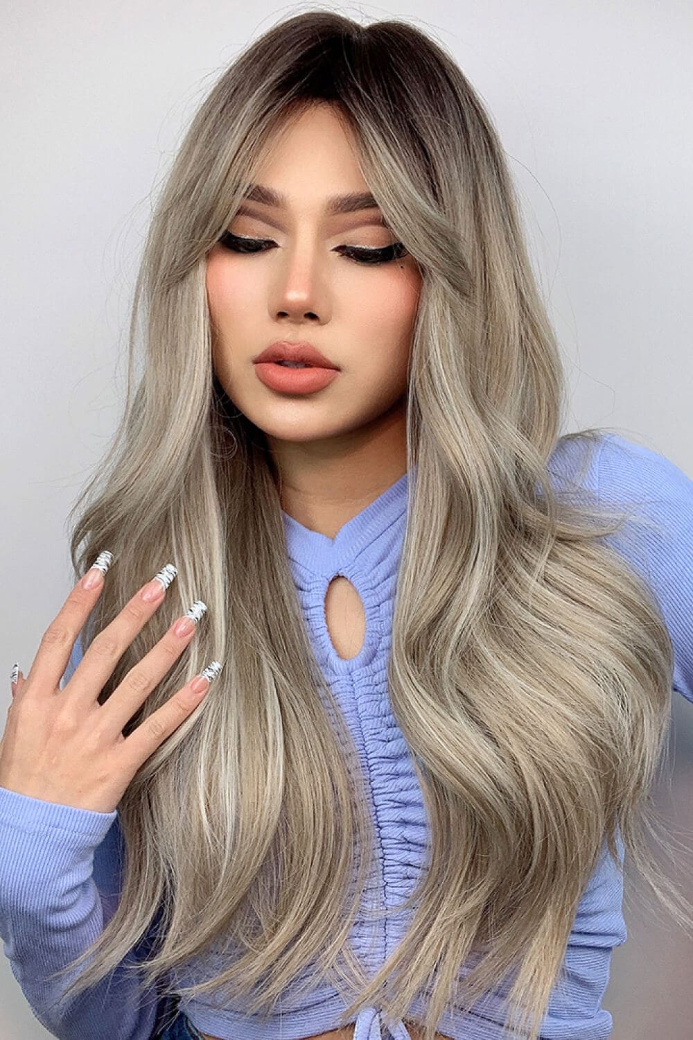 Full Machine Long Wave Wigs 26'' Ash Blonde Balayage One Size wigs by Trendsi | Fleurcouture