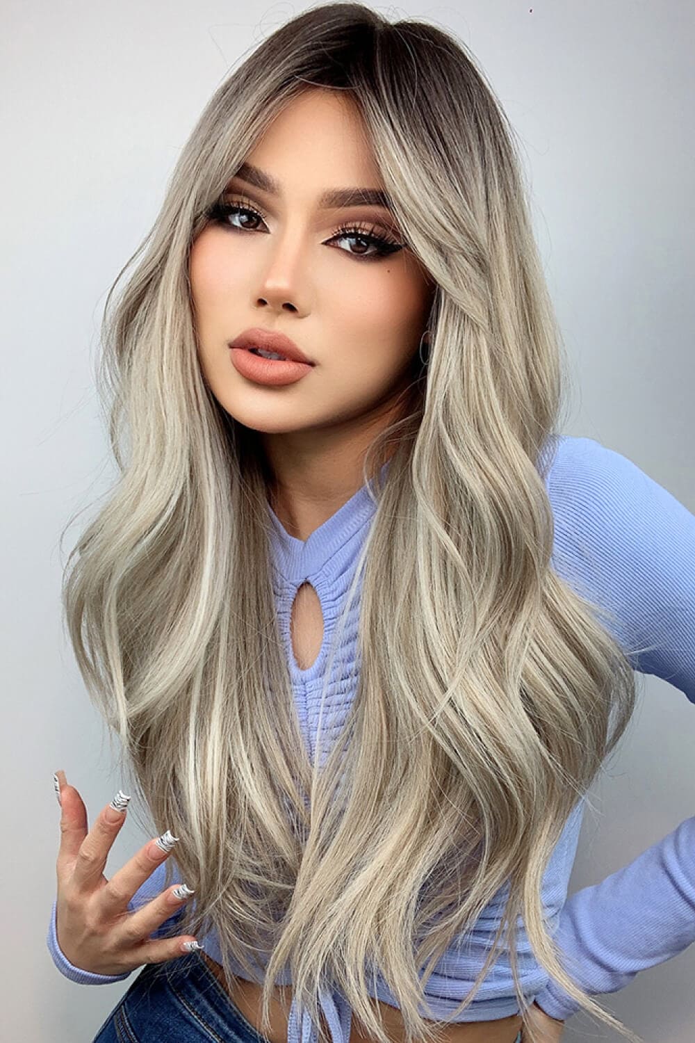 Full Machine Long Wave Wigs 26'' Ash Blonde Balayage One Size wigs by Trendsi | Fleurcouture
