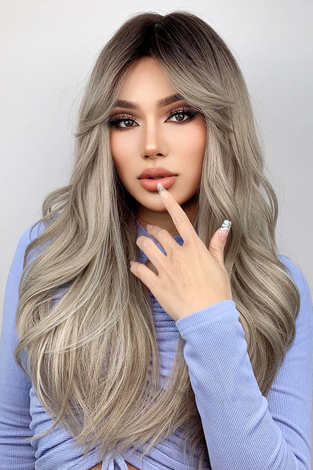 Full Machine Long Wave Wigs 26'' Ash Blonde Balayage One Size wigs by Trendsi | Fleurcouture