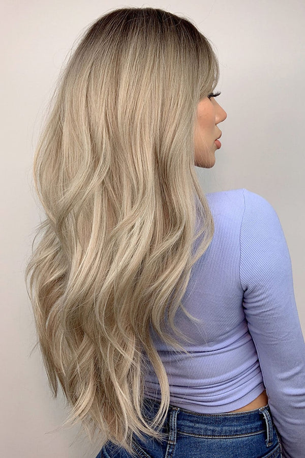 Full Machine Long Wave Wigs 26'' Ash Blonde Balayage One Size wigs by Trendsi | Fleurcouture