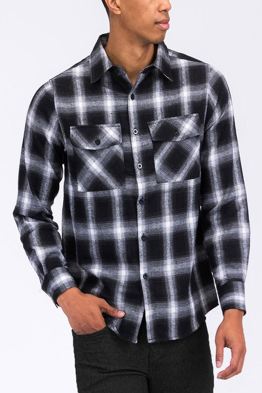 FULL PLAID CHECKERED FLANNEL LONG SLEEVE BLACK WHITE 2XL by WEIV | Fleurcouture