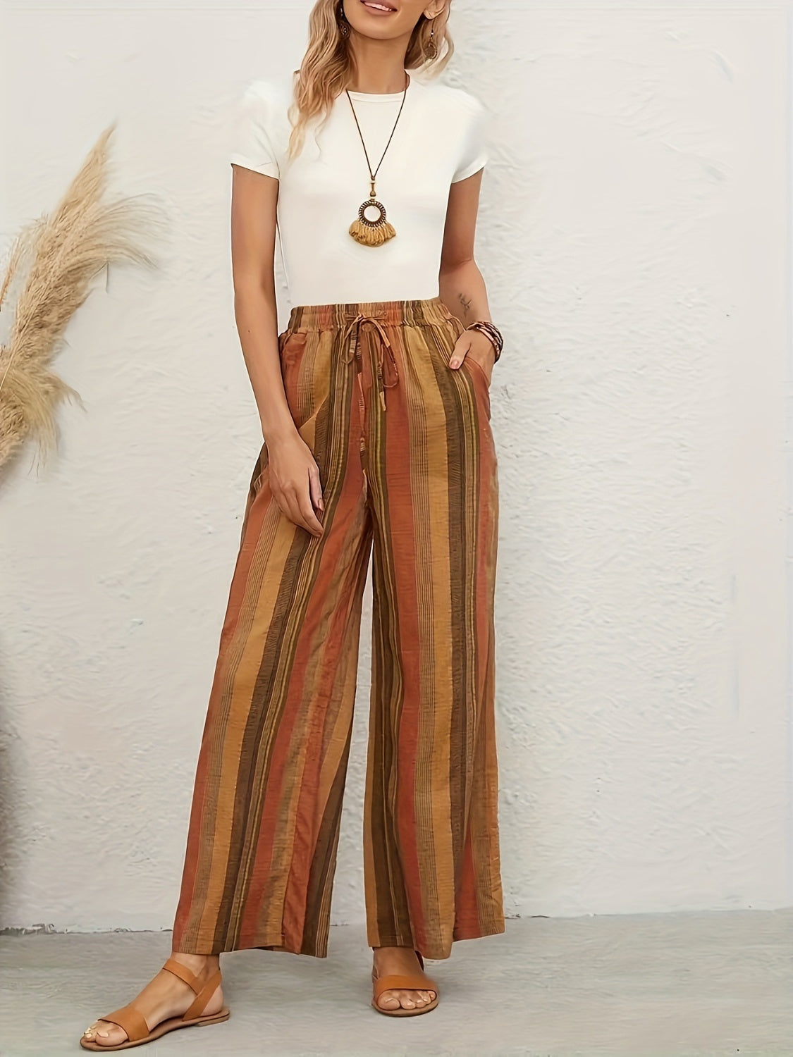 Full Size Drawstring Striped Wide Leg Pants Mustard Pants by Trendsi | Fleurcouture