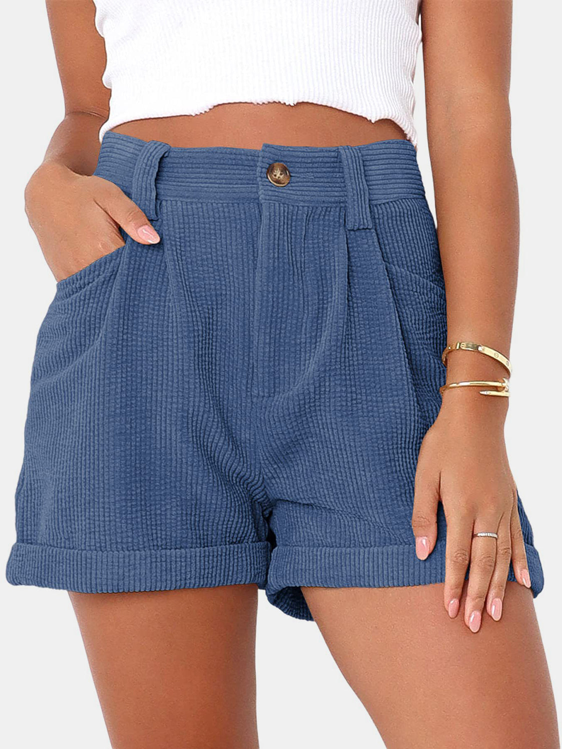 Full Size High Waist Shorts with Pockets Dusty Blue S Shorts by Trendsi | Fleurcouture