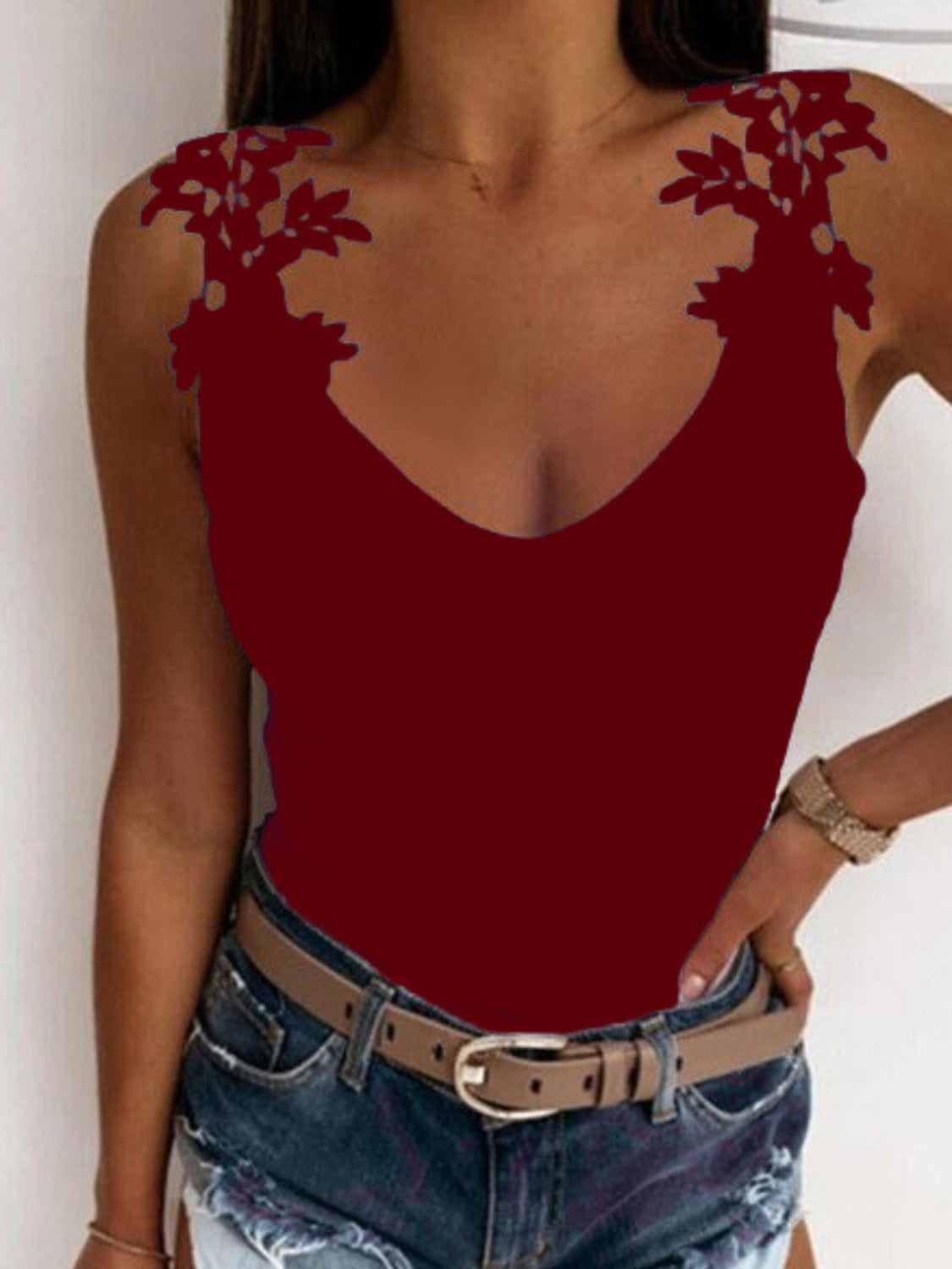 Full Size Lace Detail Scoop Neck Tank Burgundy S Women&