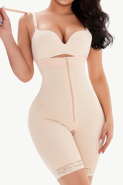 Full Size Lace Detail Zip-Up Under-Bust Shaping Bodysuit Beige S Shpewear by Trendsi | Fleurcouture