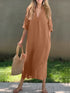 Full Size Notched Half Sleeve Midi Dress Camel S Women&